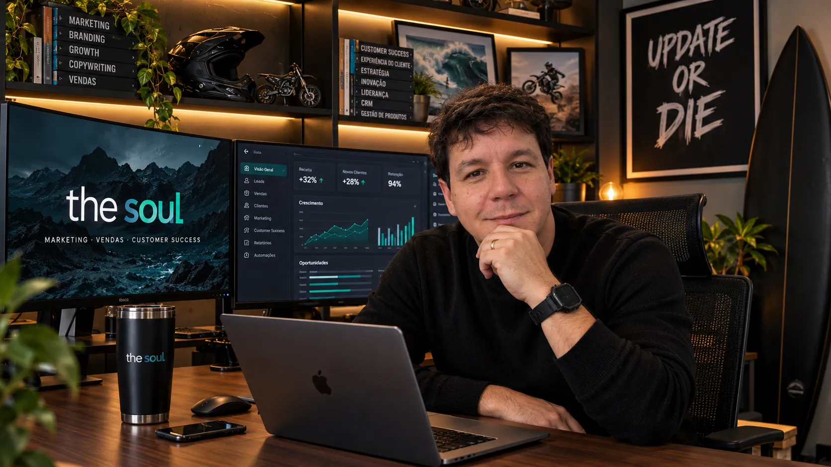 Diego Santos em seu escritório, com o quadro de marketing, vendas e sucesso do cliente ao fundo